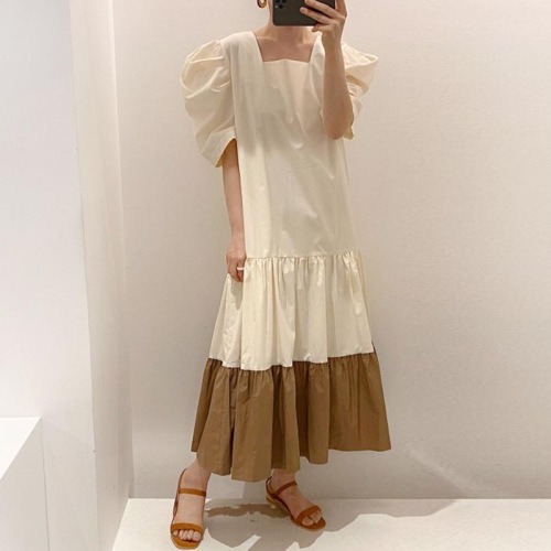 Korean chic French retro square collar contrasting color splicing hem design loose puff sleeve dress long skirt for women