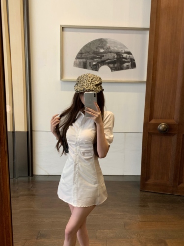Actual shot of Pure Desire Korean Royal Sister’s slim-fit pleated lapel sexy shirt dress niche dress