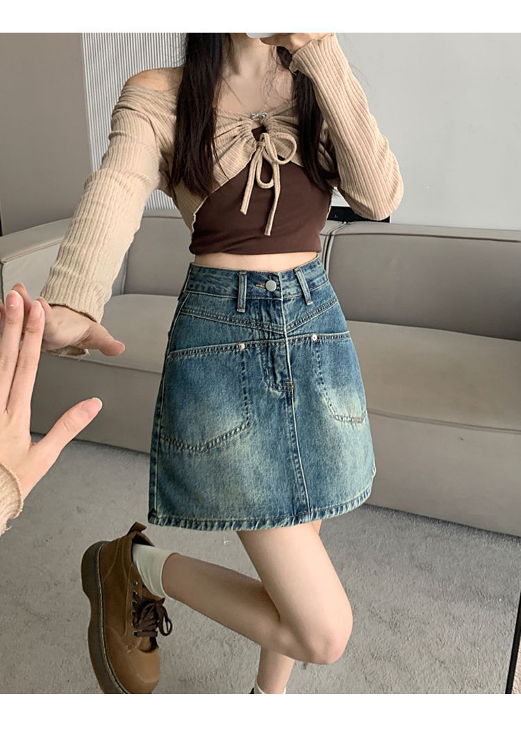 2024 summer Hong Kong style retro denim skirt new high waist slim skirt skirt a line skirt pants ins