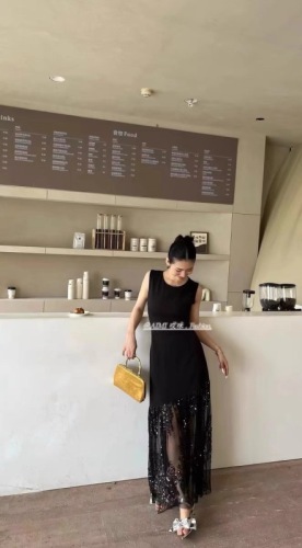 Elegant socialite round neck sleeveless slim fit spliced ​​sequin slightly see-through mid-length dress exquisite goddess style girl