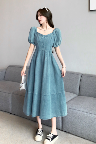 Real shot!  French retro puff sleeve denim dress for women with square neck and slim fit long skirt