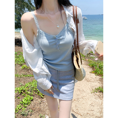 Real shot of sweet hottie pure desire sling female summer new outer wear lace slim sleeveless short top