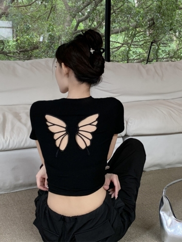 Real shot ~ hot girl hollow butterfly design short-sleeved embroidered slimming summer versatile short top