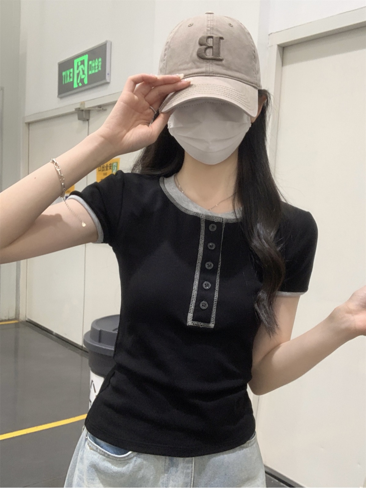 實拍 夏季韓版修身明線拼色紐扣設計感顯瘦純棉短袖T恤上衣