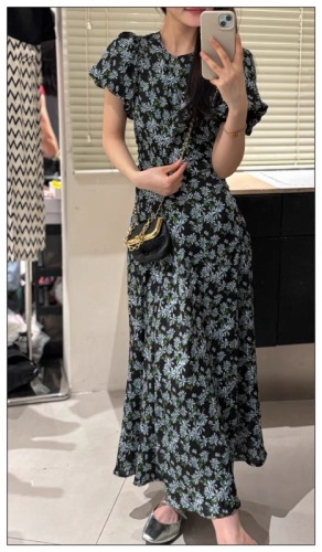 Shenzhen Nanyou European goods 2024 summer new arrival puff sleeve floral floral back hollow side zipper waist slimming dress