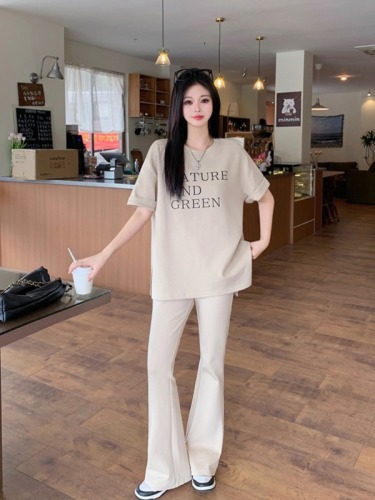 Actual shot of 2024 summer new style fat mm plus size women's fashion casual letter printed short-sleeved bootcut pants suit