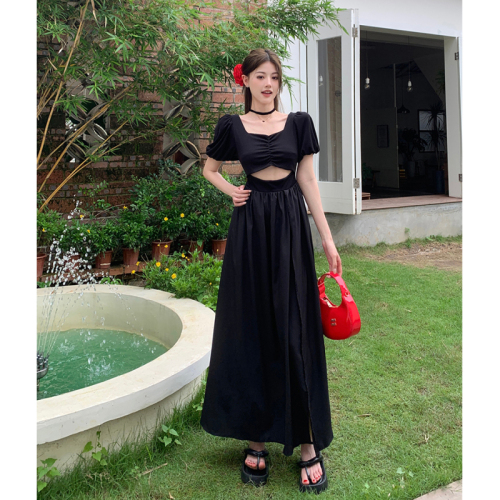 Real shot of black square collar hollow puff short-sleeved dress for women in summer niche design slit slimming long skirt