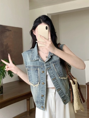 Blue raw edge denim vest jacket for women in summer, niche design, slim and versatile sleeveless vest, waistcoat