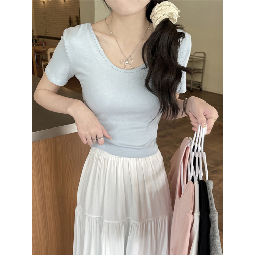 Real shot gray t-shirt women's straight shoulder short-sleeved summer exposed clavicle tight top u-neck innerwear undershirt 