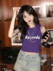 Pure cotton 210g 40 count Odell with stretch 92 cotton 8 spandex front printed short vest top for women