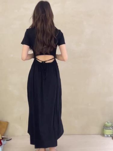 Korean style shoulder U-neck exposed waist belted pleated dress women's new summer loose slimming short-sleeved casual long dress