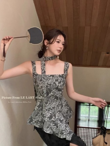 2024 summer new style Korean style jacquard ribbon irregular top niche sleeveless mid-length vest for women