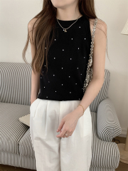實拍 夏季韓版修身顯瘦掛脖波點減齡百搭針織無袖背心上衣女