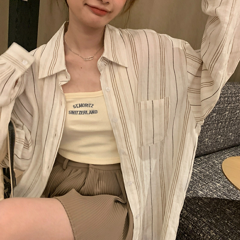 Designer Striped White Women's Summer Sun Protection Jacket Style Top, Korean Style Fashion Loose Slimming Blouse