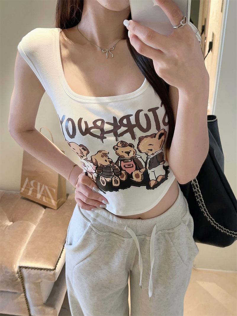 1206-Hot Girl Cartoon Printed Vest Women's Summer Pure Desire Slim Backless Short Top with Breast Pads