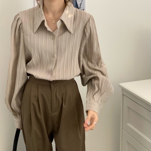 Korean salt style retro pleated long-sleeved shirt for women French style lapel versatile niche shirt top for women