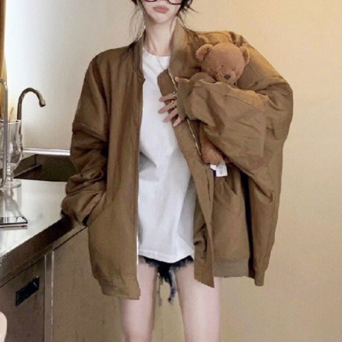 New Year's Hong Kong style retro stand-up collar baseball jacket women's new ins casual loose lazy style jacket top