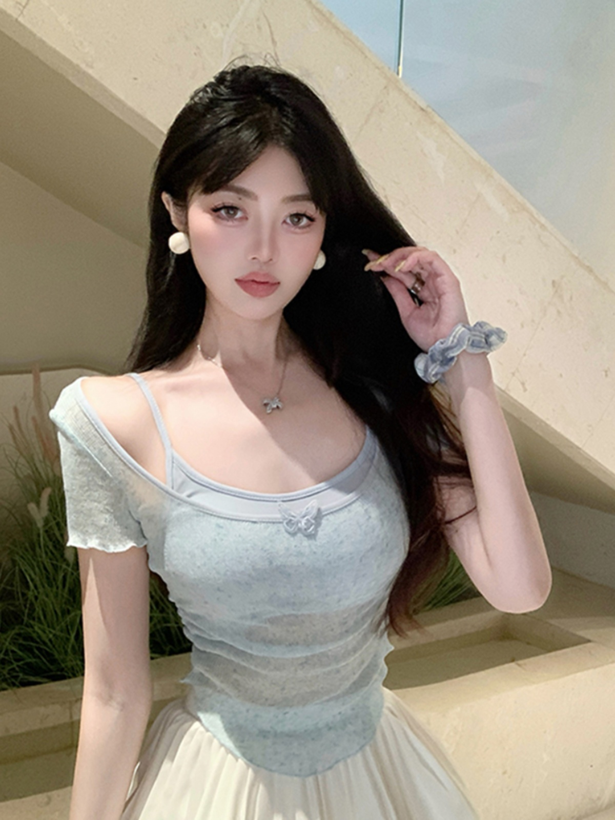 Original fabric + rayon, pure lust sexy solid color with breast pads and small suspenders for hot girls slightly see-through hollow bottoming shirt for women summer
