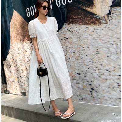 2024 summer new Korean temperament heavy industry lace embroidery loose puff sleeve dress long skirt