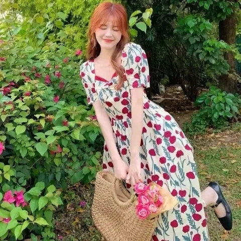 2024 Summer Rose Print Dress Women's Korean Style High Waist Puff Short Sleeve Mid-Length A-Line Dress