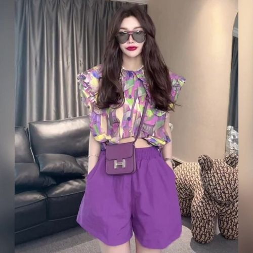 2024 new summer style light luxury niche street-popular purple fragrance suit sleeveless printed top shorts two-piece set for women