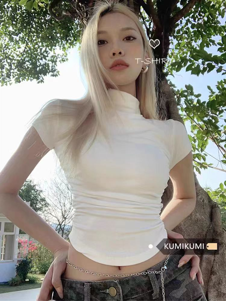 Screwed Hot Girl Slimming Minority Belly T-shirt Women's Summer Black High Neck Underwear Short Ins Top 