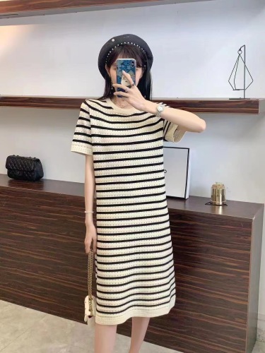 New Korean style summer age-reducing horizontal striped hollow knitted skirt with loose temperament, slimming and versatile dress