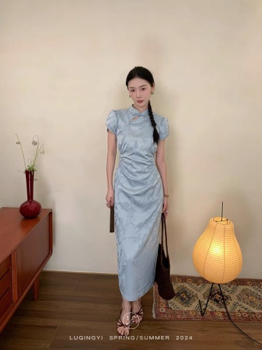 Lu Qingyi original freesia new Chinese style dress women's summer snow orchid jacquard mid-length stand collar cheongsam dress