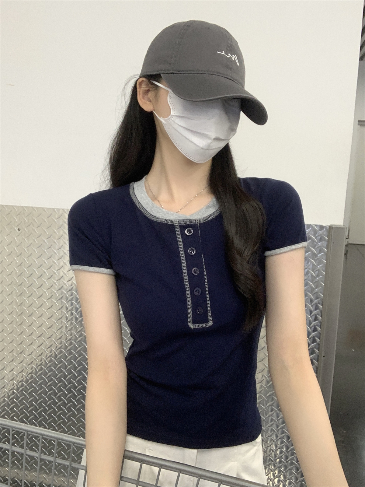 實拍 夏季韓版修身拼色紐扣美式設計感顯瘦純棉短袖T恤上衣