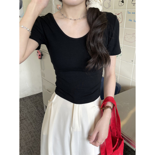 Real shot gray t-shirt women's straight shoulder short-sleeved summer exposed clavicle tight top u-neck innerwear undershirt 