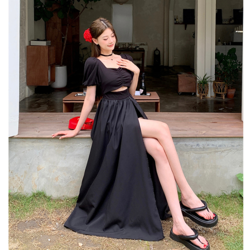 Real shot of black square collar hollow puff short-sleeved dress for women in summer niche design slit slimming long skirt