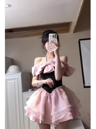 Black and pink contrasting bow tube top dress for women summer new sweet design diamond halterneck waist princess dress