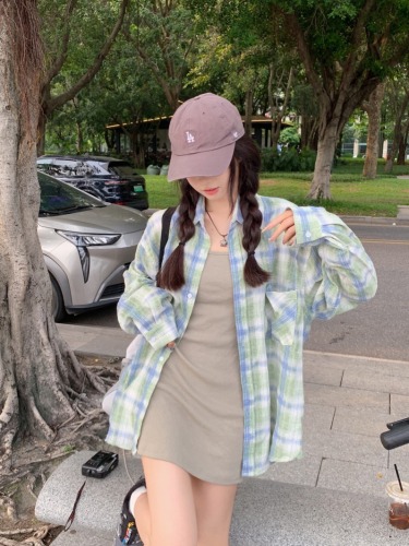 Korean casual lazy style thin long-sleeved plaid shirt for women 2024 summer loose shirt sun protection jacket ins