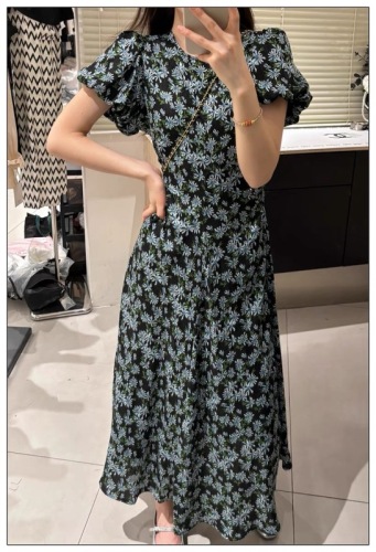 Shenzhen Nanyou European goods 2024 summer new arrival puff sleeve floral floral back hollow side zipper waist slimming dress