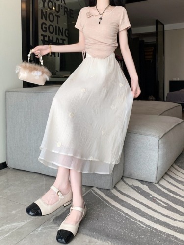 Real shot embroidered gauze skirt women's high waist mid-length slim a-line cake skirt
