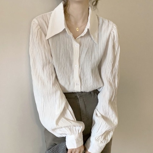 Korean salt style retro pleated long-sleeved shirt for women French style lapel versatile niche shirt top for women