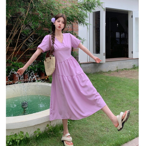 Real shot of tea break French purple dress for women, new summer style, gentle style, high waist, slim puff sleeve long dress