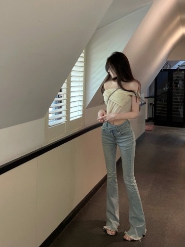 OKMA 微喇牛仔裤女2024年夏季设计感马蹄裤高腰修身显瘦喇叭裤子