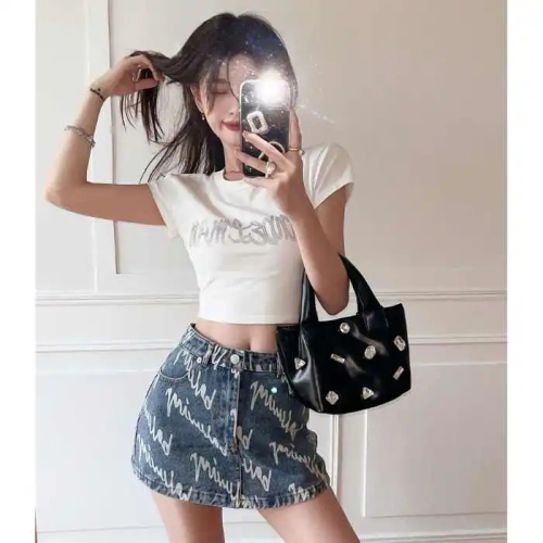 Summer new plus size hot girl denim skirt female ins high waist slim letter printed armband short skirt trendy