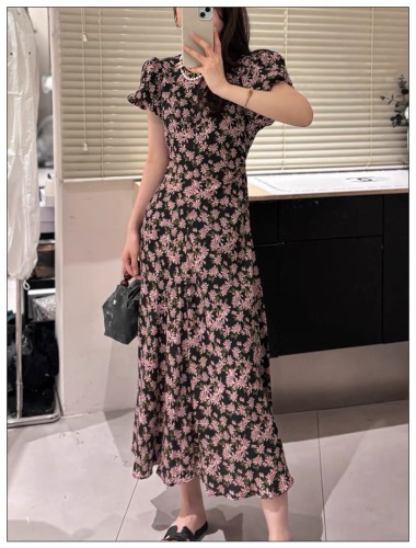 Shenzhen Nanyou European goods 2024 summer new arrival puff sleeve floral floral back hollow side zipper waist slimming dress