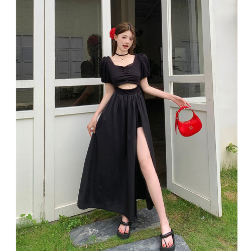 Real shot of black square collar hollow puff short-sleeved dress for women in summer niche design slit slimming long skirt