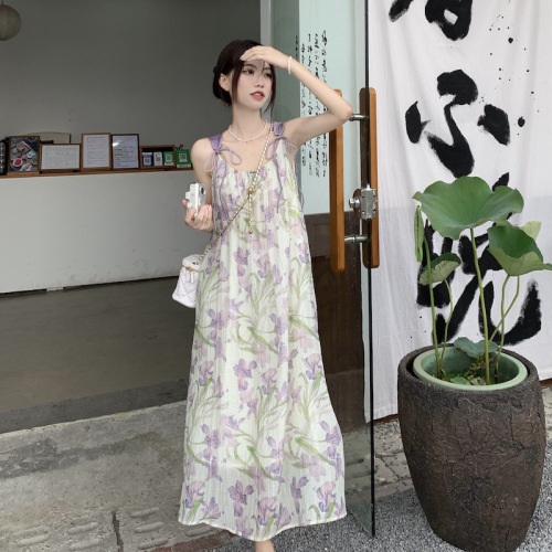 Tea break French sleeveless floral suspender dress for women summer 2024 new style high-end slimming long skirt