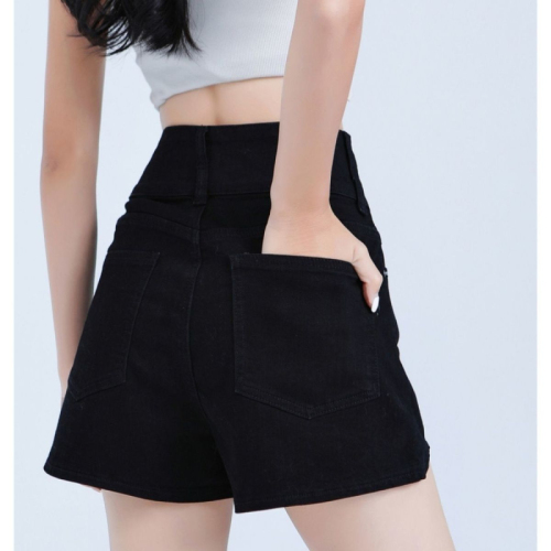 Black double-button irregular denim shorts for women summer new high-waist slimming butt lift hot girl a-line pants trendy