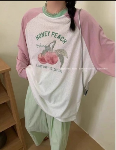 Round neck sun protection clothing for women summer thin pullover loose peach print long sleeve t-shirt raglan color block blouse top