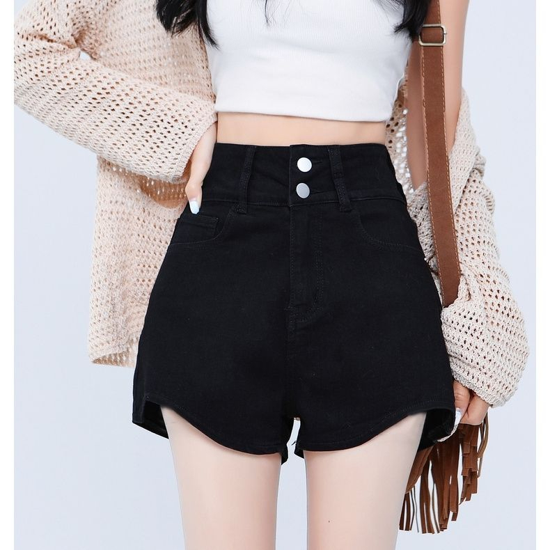 Black double-button irregular denim shorts for women summer new high-waist slimming butt lift hot girl a-line pants trendy