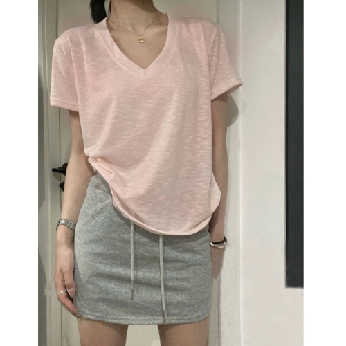 Bamboo cotton short-sleeved T-shirt women's V-neck top thin loose casual