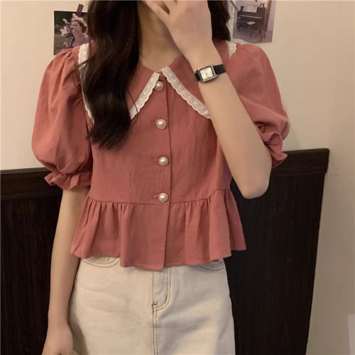 White lace doll collar shirt women's summer design niche short shirt French puff short-sleeved top