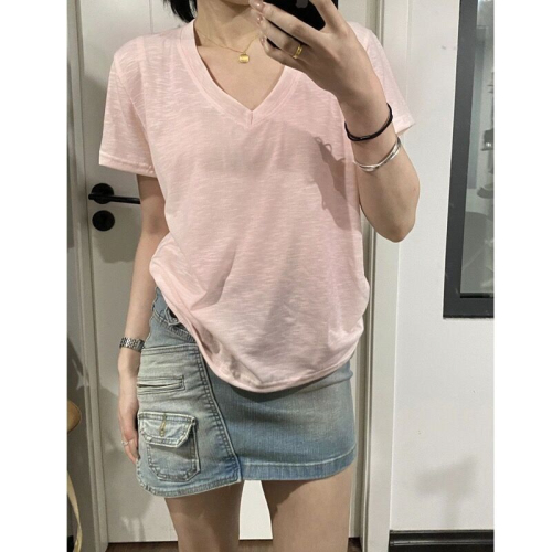 Bamboo cotton short-sleeved T-shirt women's V-neck top thin loose casual