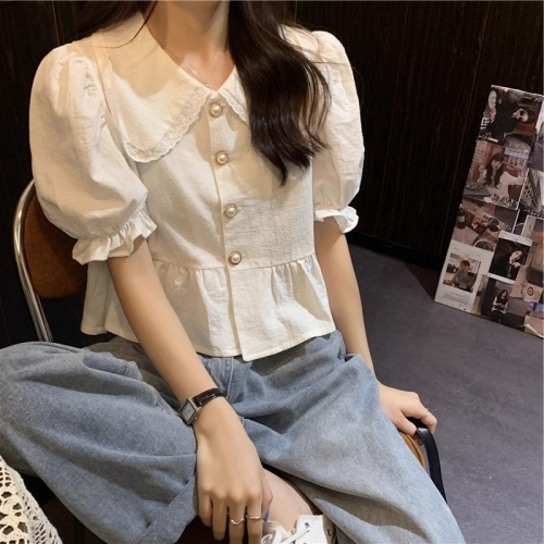 White lace doll collar shirt women's summer design niche short shirt French puff short-sleeved top