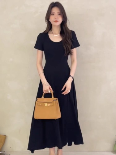 Korean style shoulder U-neck exposed waist belted pleated dress women's new summer loose slimming short-sleeved casual long dress